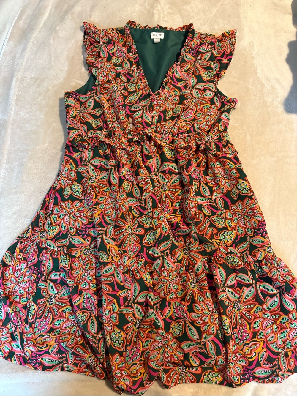 J. Crew Floral Paisley Ruffle Sleeve Mini Dress in Green, Pink and Orange